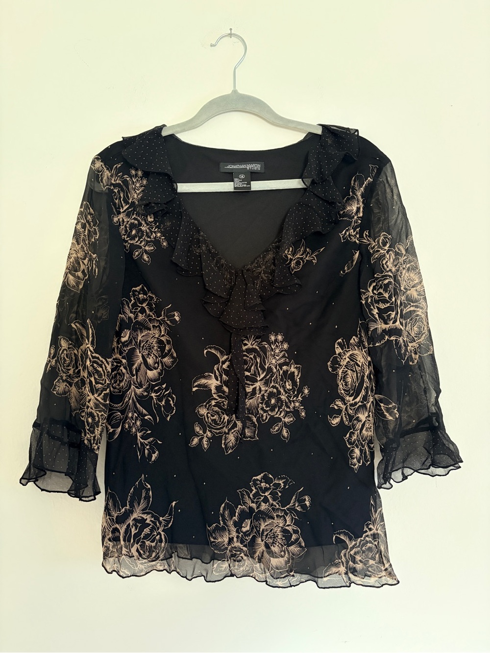 Vintage Jonathan Martin Silk Black Floral Ruffle-Neck Whimsical Whimsy Blouse